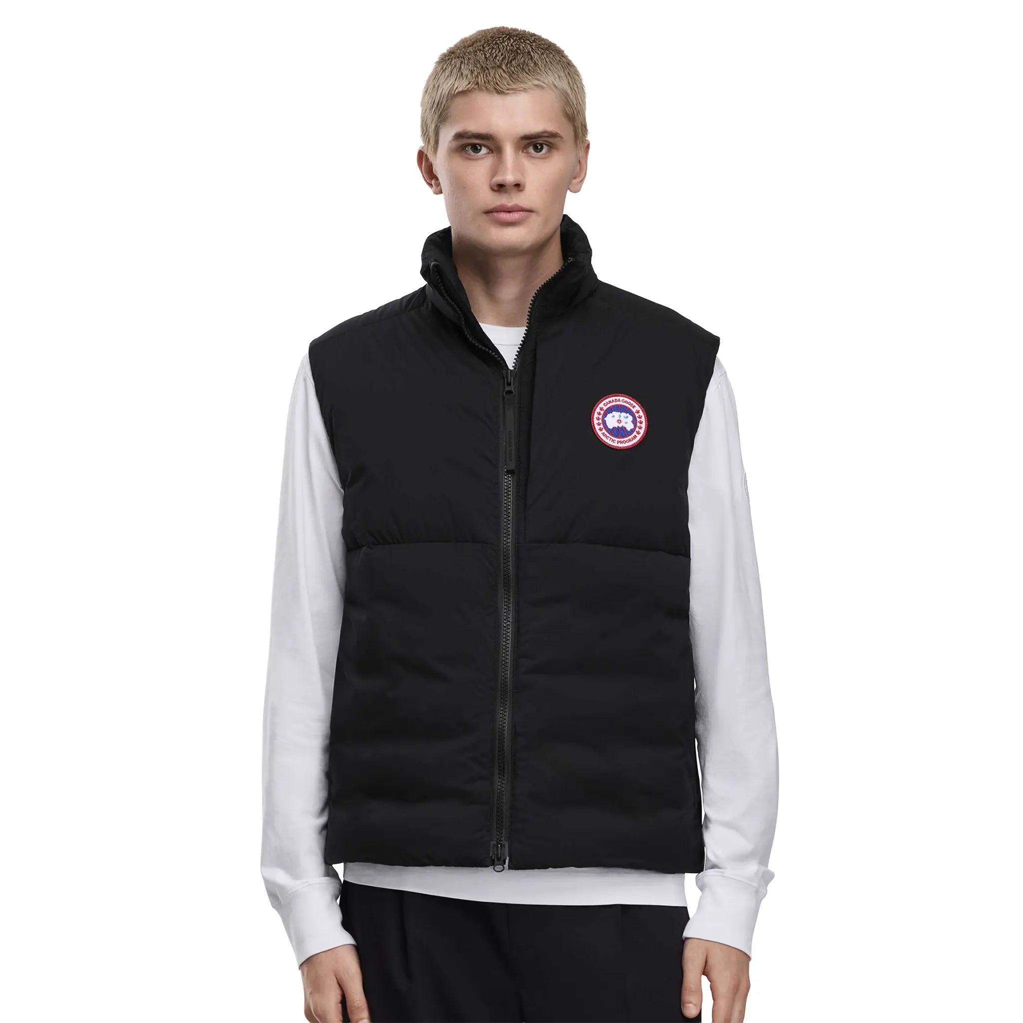 Model Front View Of Canada Goose Lodge Vest Black Gilet 4160M